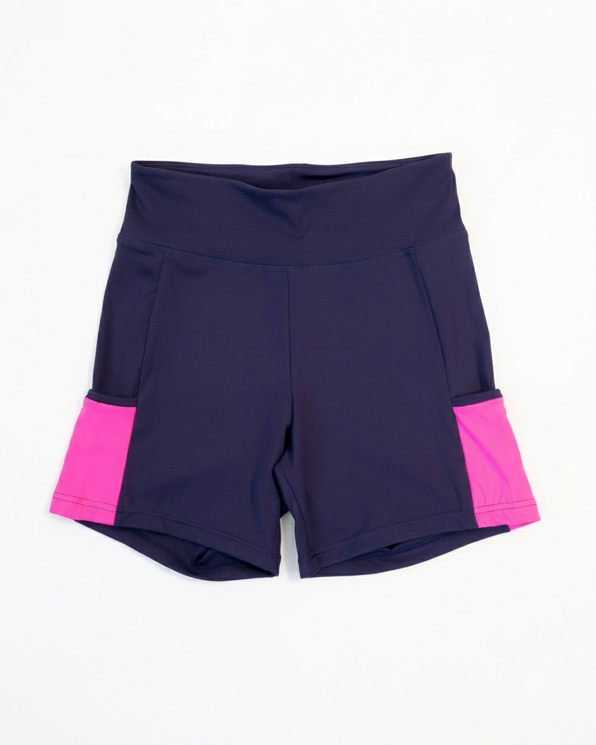 Navy bike pants with solid pink panels